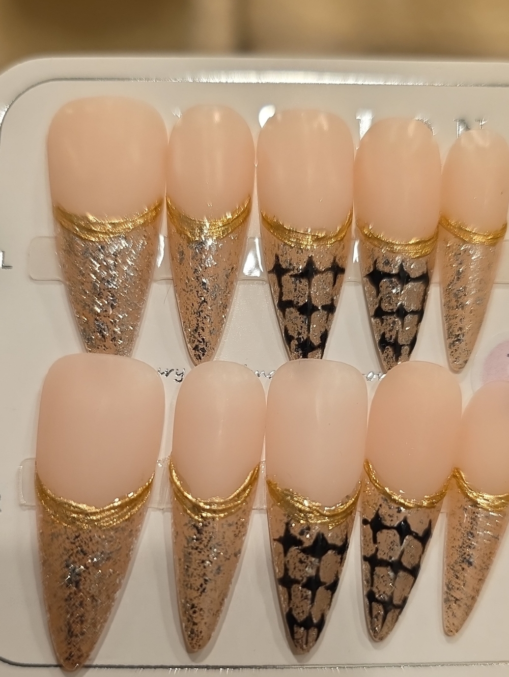 Gold Accent Nude Press-On Nails with Black Pattern - Size Large